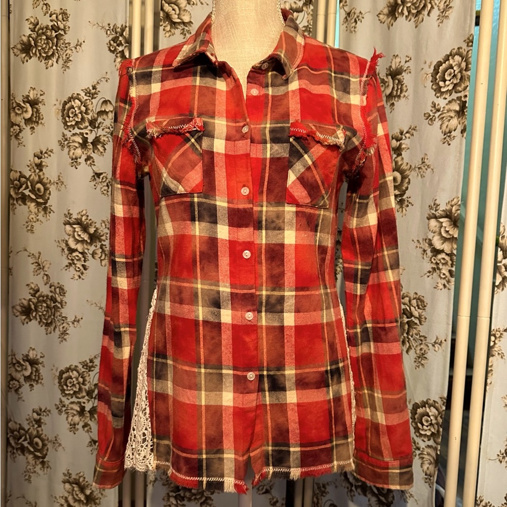 Pre Owned Distressed Red Plaid Flannel w/ Lace & Raw Edge Details